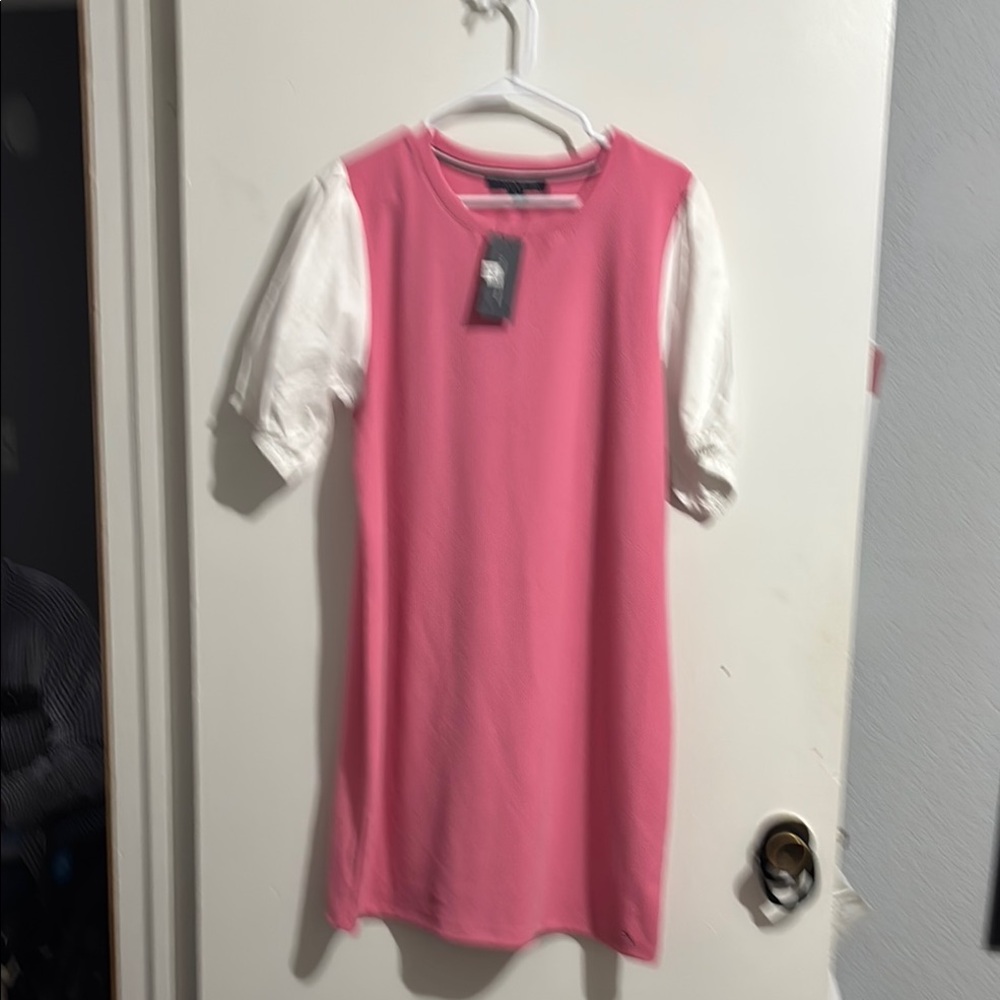 Tommy hilfgier Pink and White Dress with Puff Sleeves size xl